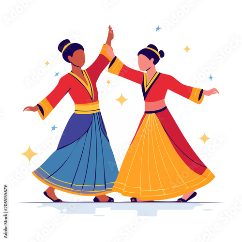 Two women in traditional dresses dancing in flat style