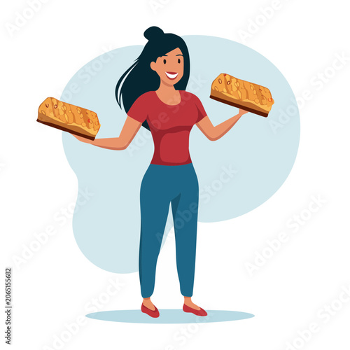 Woman holding two loaves of bread in flat design style