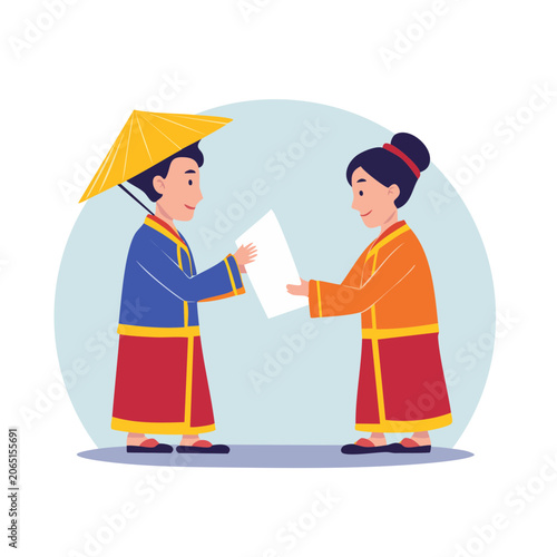 Two people in traditional clothing exchanging a document