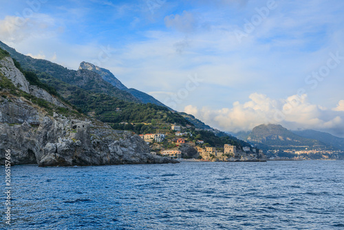 Amalfi Coast, southern Italy: glimpse of  Erchie townscape seen from the sea  with this small beach is enclosed between two Saracen watchtowers.
