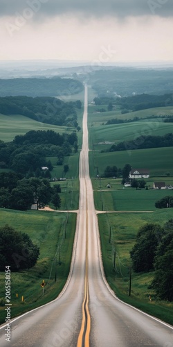 A long, paved road stretches through a landscape of rolling hills and green fields.