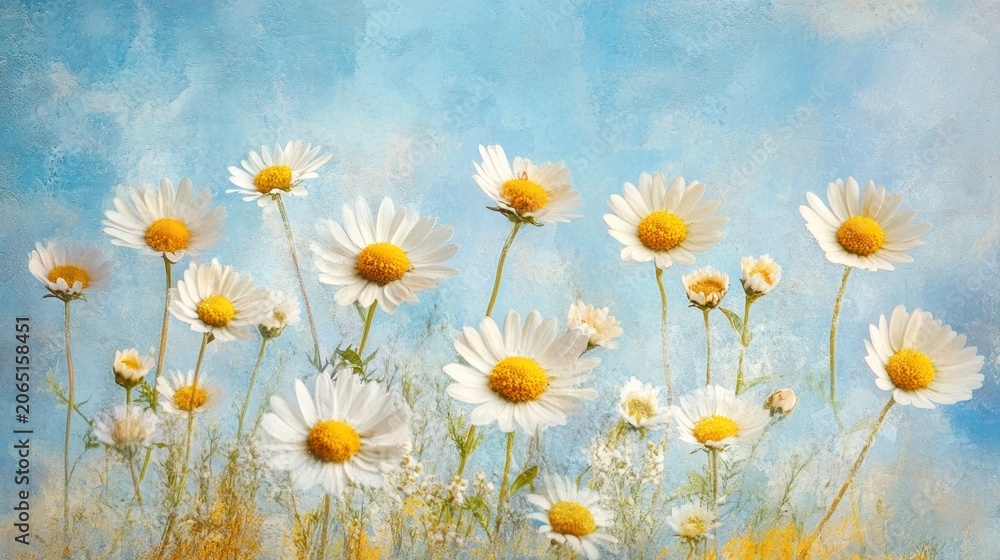 Fototapeta premium Delicate daisies in a painted sky backdrop.