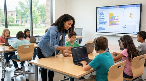 Diverse elementary students learn coding with a female teacher in a bright modern classroom, using laptops and a smartboard under natural light, ideal for STEM education marketing.