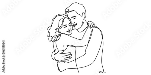 Foto Continuous single line drawing of a happy young couple hugging and embracing eac