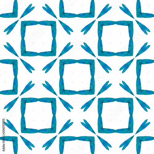 Textile ready artistic print, swimwear fabric, wallpaper, wrapping. Blue worthy boho chic summer design. Watercolor ikat repeating tile border. Ikat repeating swimwear design.