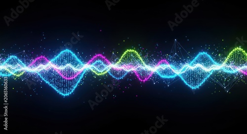 Abstract digital sound wave patterns with vibrant glowing colors on black background