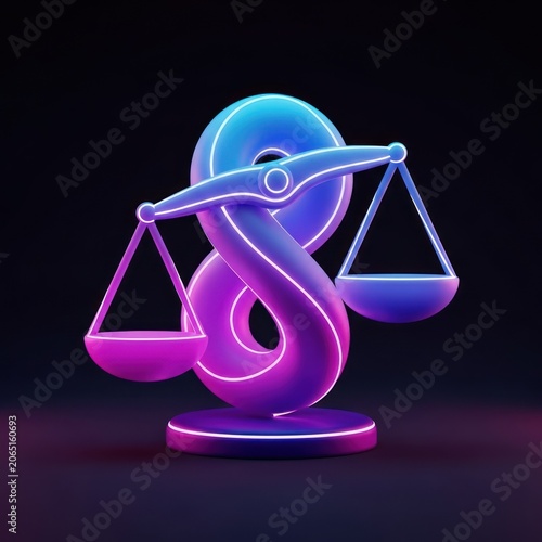 Neon balance symbol on dark background represents justice and law