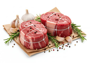 Raw beef cuts wrapped with string, white background isolated