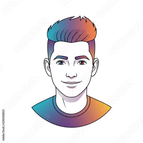 Stylized illustration of a person with colorful hair and a neutral expression