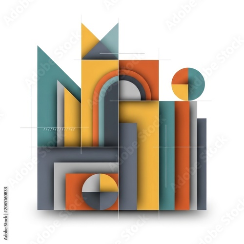 Abstract geometric composition with shapes and colors on white background