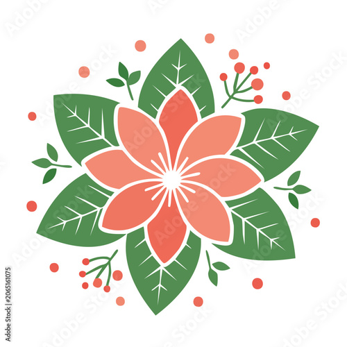 Coral flower with green leaves flat illustration