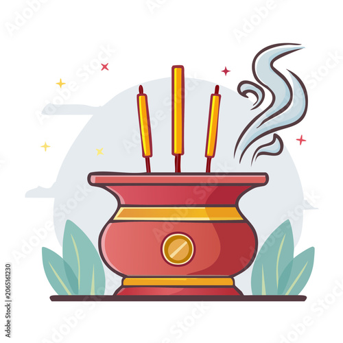 Flat design illustration of an incense burner with sticks