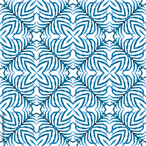 Exotic seamless pattern. Blue unequaled boho chic summer design. Summer exotic seamless border. Textile ready fancy print, swimwear fabric, wallpaper, wrapping.
