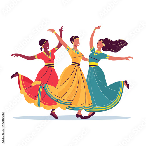 Three women dancing in traditional colorful dresses