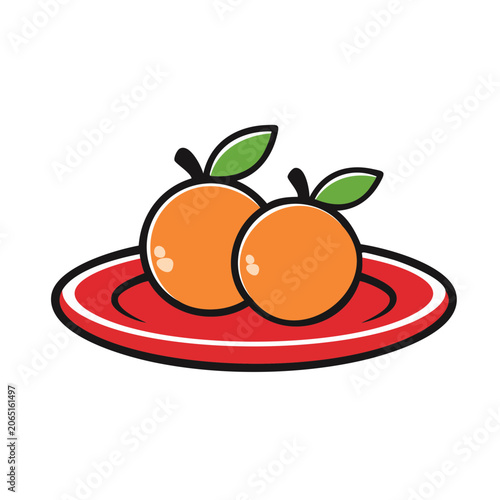 Two Oranges on a Red Plate Flat Design Illustration