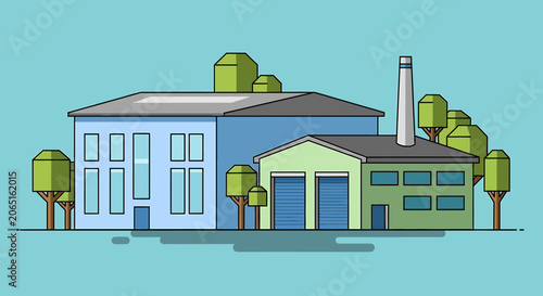 Industrial buildings with garage doors.