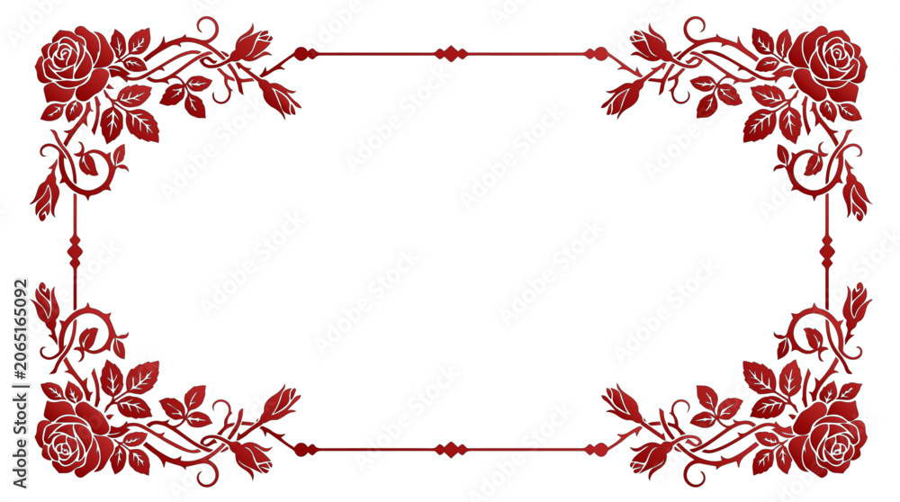 Fototapeta premium A stunningly detailed crimson red floral border encompasses a vast white rectangular canvas, beautifully decorated with blooming roses, fragile buds, sharp protective thorns, and twisting leafy vines.