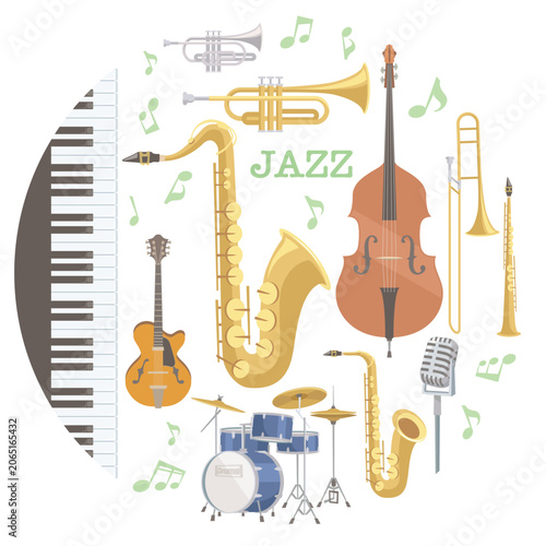 Illustration of jazz instruments arranged in a circle. Vector illustration in flat cartoon style, isolated on white background.
