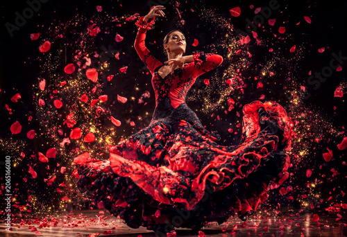 Flamenco dancer in a red and black dress surrounded by rose petals