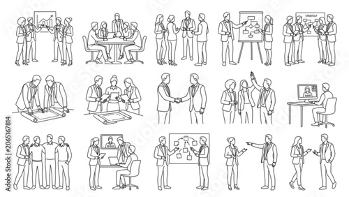 Corporate Teamwork Pose Set One Line Vector SVG Illustration Pack