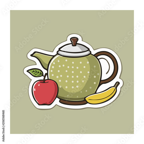 Flat design teapot with apple and banana illustration
