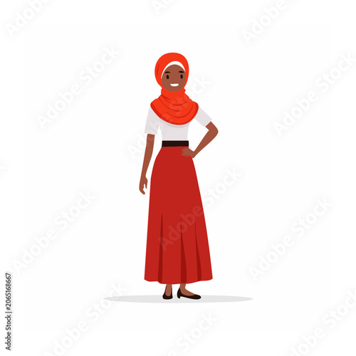 Woman in red hijab and long skirt flat illustration