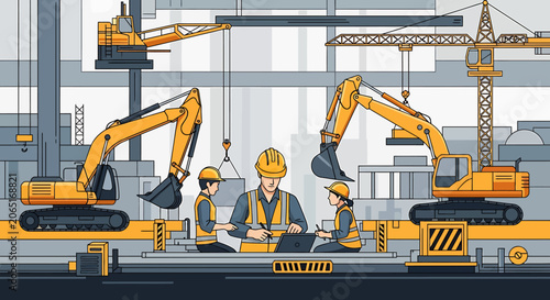 Construction workers with excavator machines.