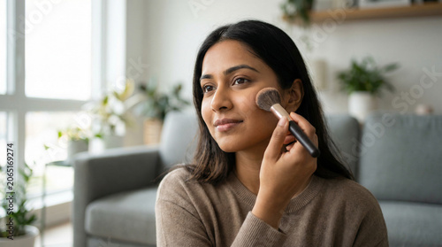 South Asian woman applying blush with cosmetic brush in bright modern home living room morning beauty skin care