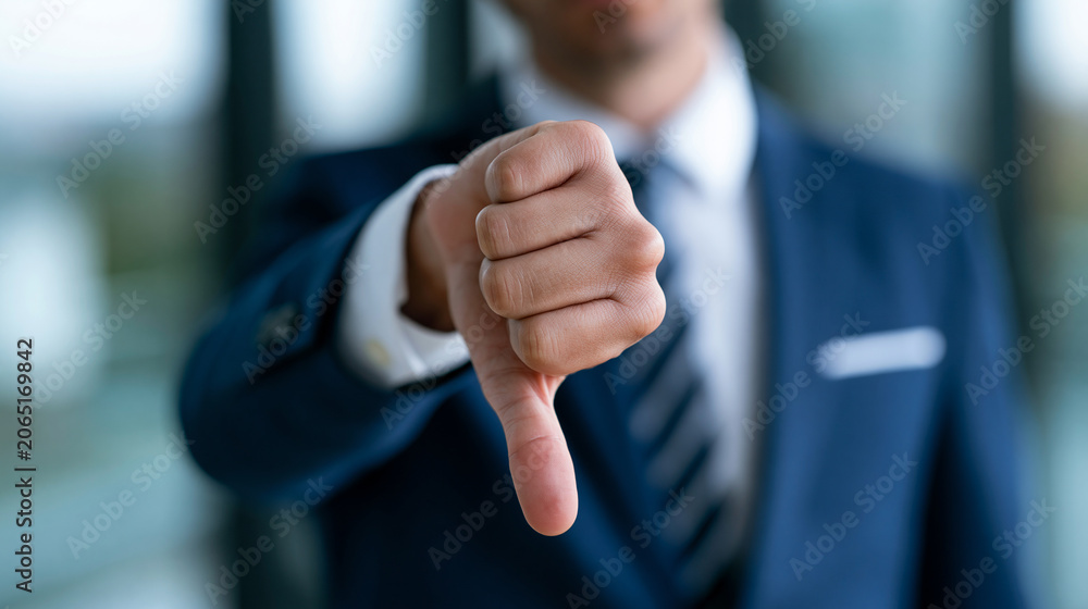 Fototapeta premium Businessman showing thumbs down gesture, expressing disapproval, rejection or negative feedback in a professional setting.