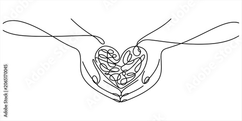 Continuous line drawing of hands holding a heart shape with swirling lines inside