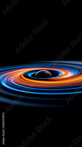 Colorful accretion disk swirling around a black hole in deep space with glowing blue and orange cosmic light.