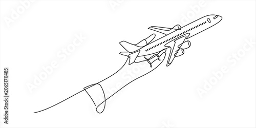 Hand holding a small airplane, continuous line drawing, travel concept