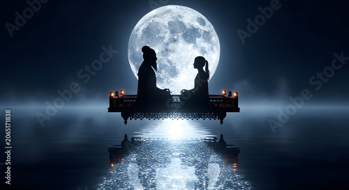 Guru purnima spiritual teacher and student silhouette under full moon