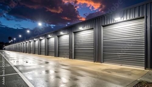 A long row of industrial garage doors under a vibrant evening sky