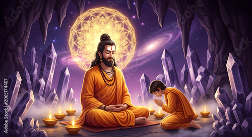 Guru purnima scene with spiritual master and young student in cave