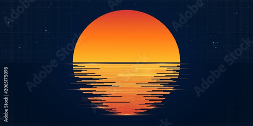 Retro Synthwave Sun Reflection on Digital Sea Background