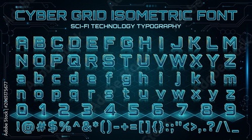 Cyber Grid isometric font. Glowing cyan 3D letters A-Z, a-z, 0-9, symbols with circuit board texture and reflections on dark hexagonal grid background. Sci-fi tech style.