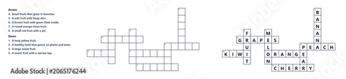 Fruit Crossword Puzzle Worksheet for Children, Crossword puzzle with solved grid