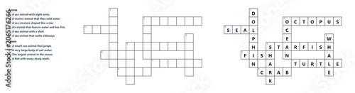Ocean Animals Crossword Puzzle for Children, Crossword puzzle with solved grid