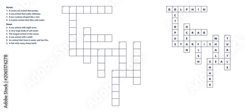 Ocean Animals Crossword Puzzle for Children, Crossword puzzle with solved grid