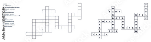 Crossword puzzle layout with clues and grid sections, Crossword puzzle with solved grid  