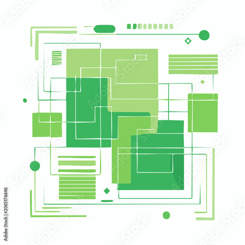 Abstract Geometric Pattern with Green Squares and Lines