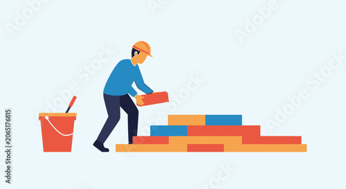 Construction worker building colorful block staircase with effort.