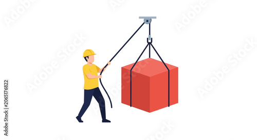 Construction worker lifting heavy load with crane pulley system.