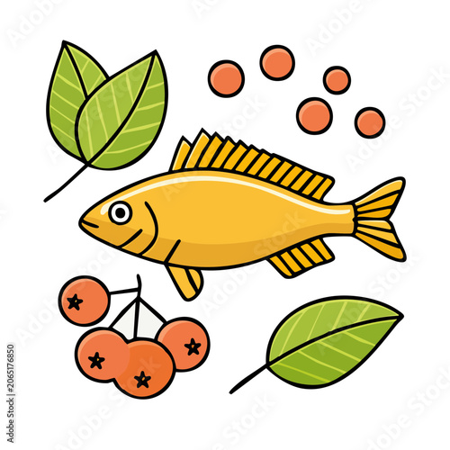 Flat design illustration of fish with berries and leaves