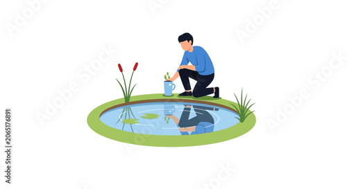 Person gardening in small pond with aquatic plants and bottle.