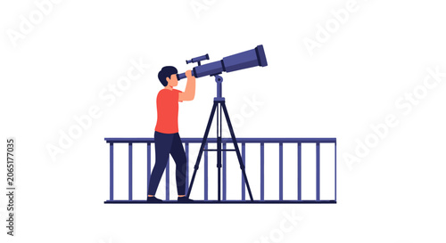Person observing stars through telescope on balcony.