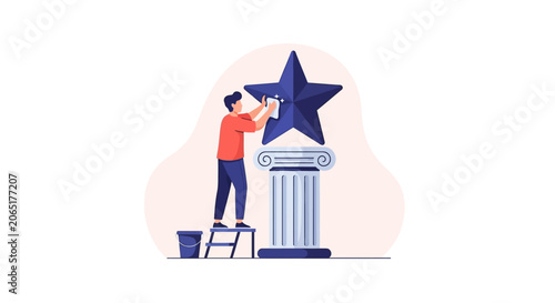 Person painting a large star on pedestal outdoors.