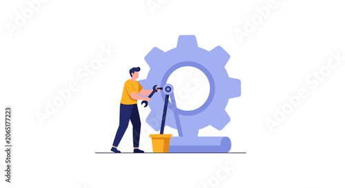 Engineer fixing large mechanical gear system illustration.