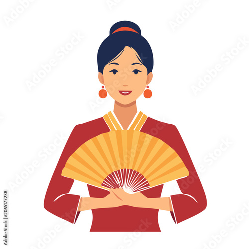 Woman in traditional dress holding a hand fan